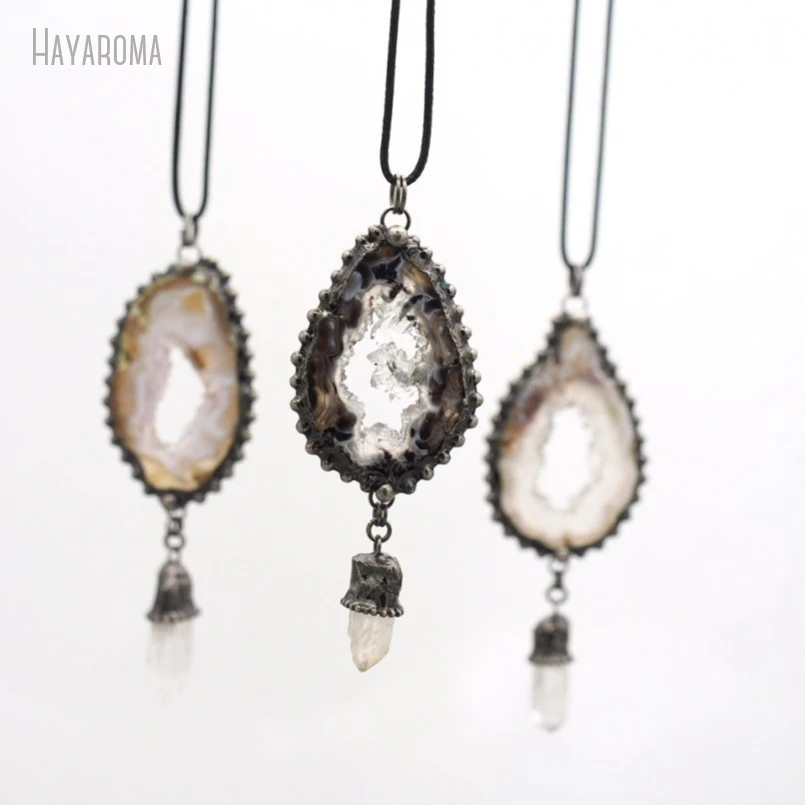 10Pcs Antique Silver Color Clear Crystal Leather Rope Agates Geode Free Form Vintage Handmade Jewelry Necklace NM50628