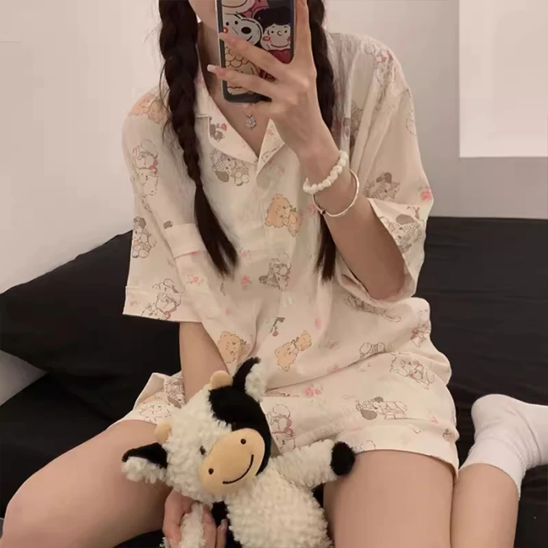 ชุดนอนสตรีฤดูร้อน Ins สไตล์เจ้าหญิงน่ารักแขนสั้นฤดูร้อนบางเสื้อผ้าชุด