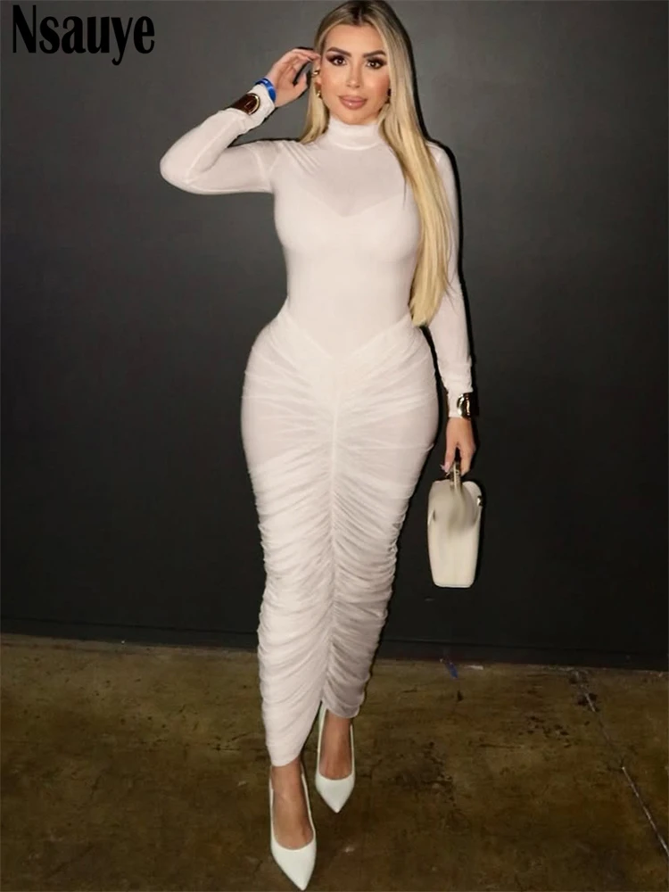 

Nsauye Long Sleeve Turtleneck Women Skinny Bodysuit Tops Autumn Summer Ruched Long Sexy Low Waisted Skirt Party 2 Piece Set 2025