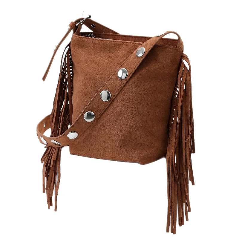 

Shoulder Strap Tassel Bucket Bag Suede-like Fabric, Large Rivet, Personalized Design Crossbody Bag for Women