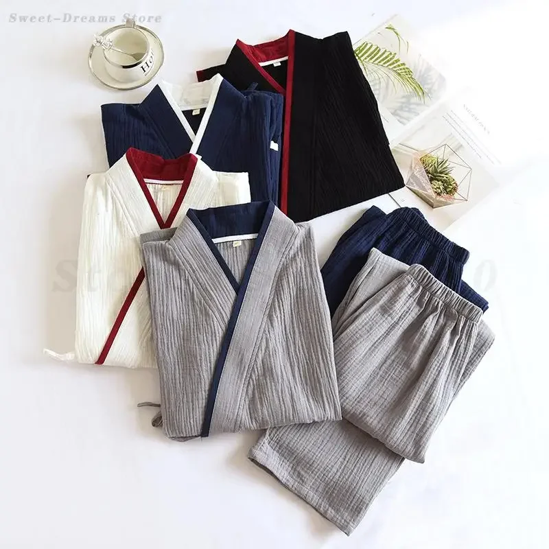 

Male Simple Loose Pajamas 2 Piece Set Cotton Casual Men Japanese Kimono Sleepwear Nightwear Trouser Pyjamas Suit Home Wear