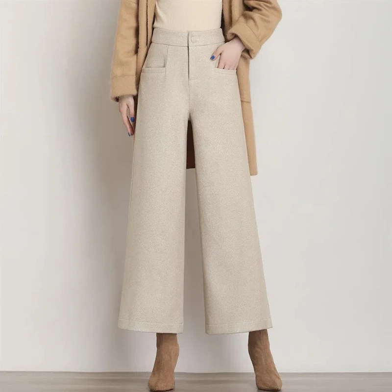 Autumn Winter New Women Woolen Pants Solid Zipper Pockets Fashion Casual Loose Thicken Straight Wide Leg Ankle Length Trousers