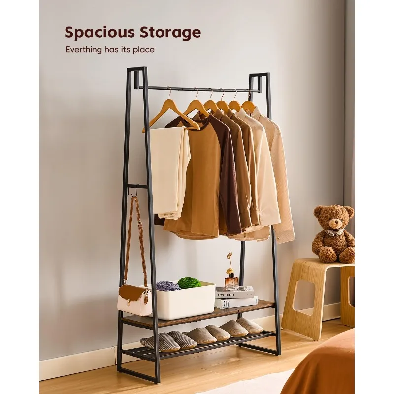 Clothing Rack, Clothes Rack for Hanging Clothes, Garment Rack with 2 Shelves and 4 Hooks