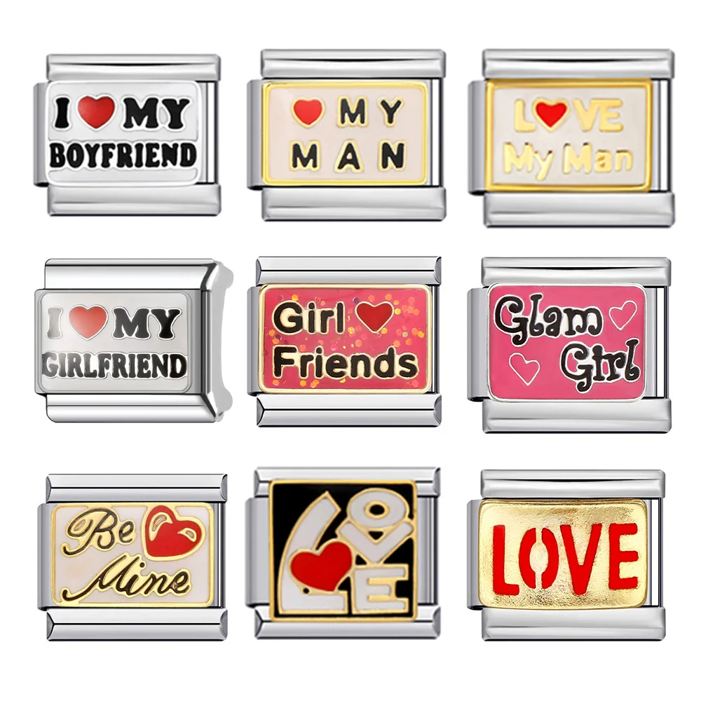 Fashion I Love My Boyfriend Girlfriend Italian Charm Link Fit 9mm Stainless Steel Bracelets DIY Making Jewelry for Couple Lovers