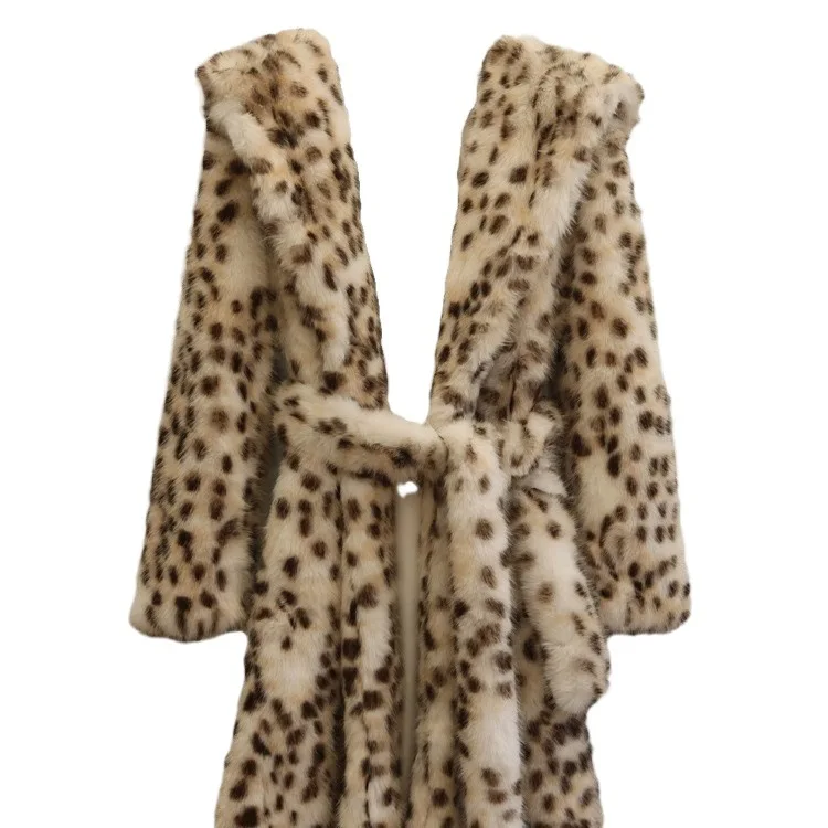 Chaqueta de piel ecológica de invierno con estampado de leopardo para mujer, abrigo de piel sintética con capucha peluda a juego, abrigo largo de piel de visón elegante para mujer