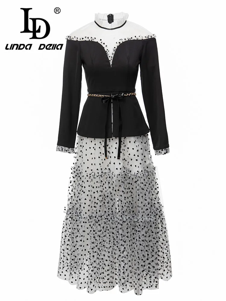 

LD LINDA DELLA Fashion Designer Dress Women's Long Sleeve Belt Splice Transparent Dot Elegant Party Cascading Ruffle Dress