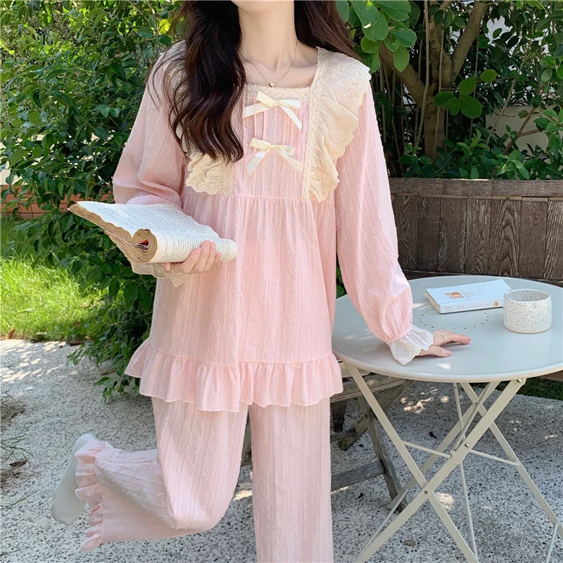 Lace Cotton Pink Cute Summer Long Sleeve Pajama Set Women Girlish Style Princess Sleepwear Solid Elegant Casual Simple Sleep Top