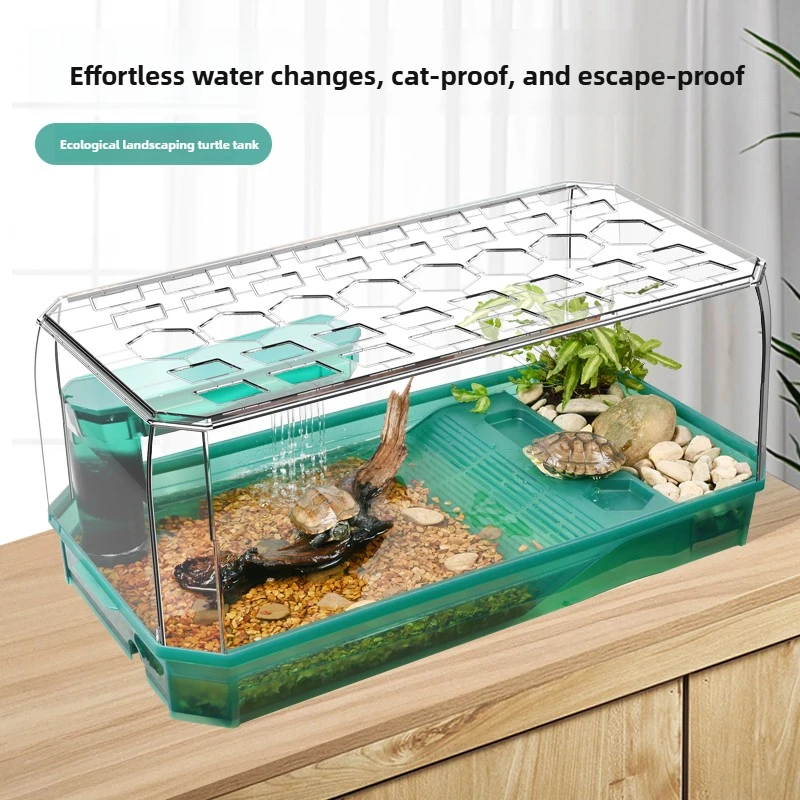 ‌Large Capacity Turtle Terrarium with Basking Platform - Escape Proof Aquatic Habitat for Red-Eared Slider&Chinese Pond Turtles