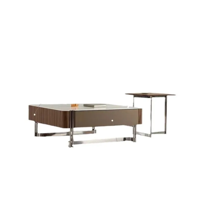 

Home living room designer square saddle leather stainless steel coffee table