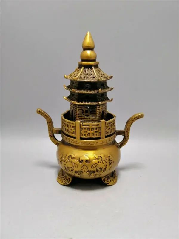 

Chinese Antique Collection of Old Brass Spire Incense Burner Tower Furnace