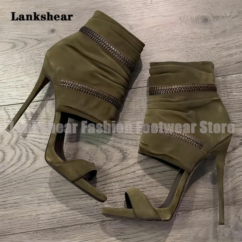 Army Green Suede Stiletto Heels Sandals Zip Ankle Wrap Open Toe Sandals Boots Women Shoes Summer Sandalias De Mujer Verano