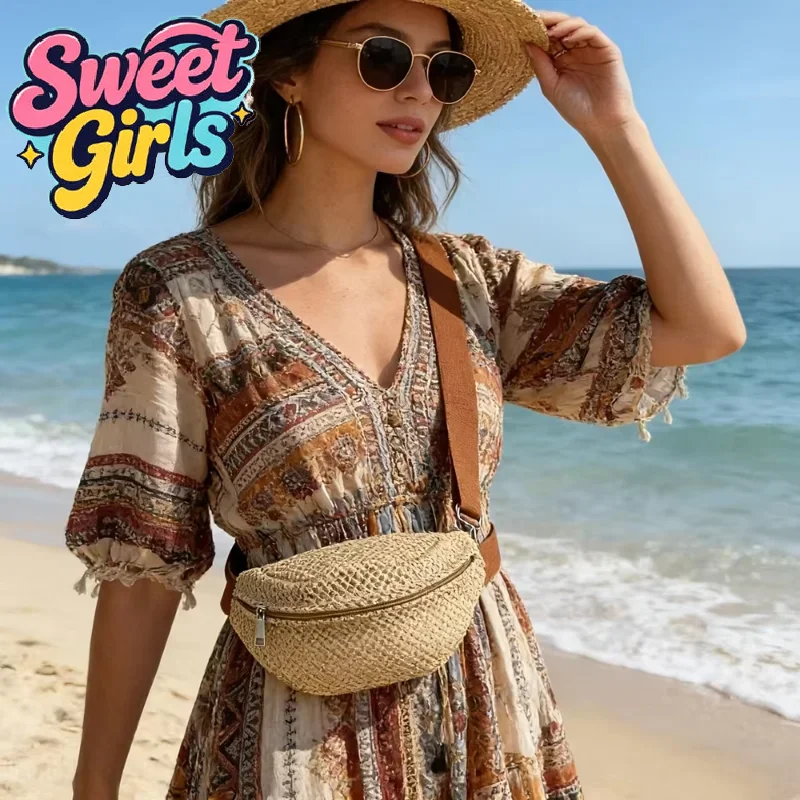 Waist Bag Straw Chest Bag Waist Pouch Cross- Body Pouch Sling Bag Travel Imitation Straw Woven Waist Bag Purses Beach Bag