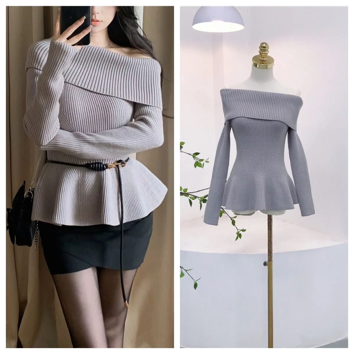 7864 خريف شتاء جديد نمط عطرة اجتماعية خارج الكتف الخصر المجوف كشكش تصميم مثير