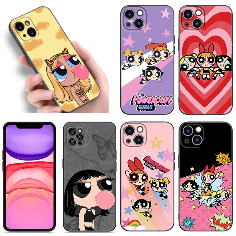 Cartoon P-Powerpuffs Girls Black Silicone Phone Case For Apple iPhone 12 13 Mini 11 14 15 16 Pro Max 7 8 Plus Shell Cover