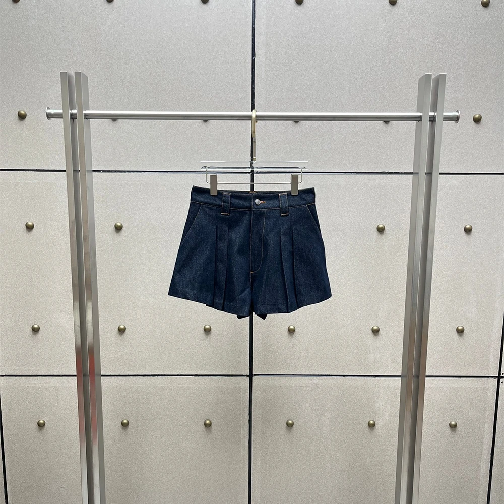 Women Cotton Blend Denim Shorts High Waist Pleated Skort Button Zipper Ladies Vintage Jean Short Pants Casual A-line Shorts