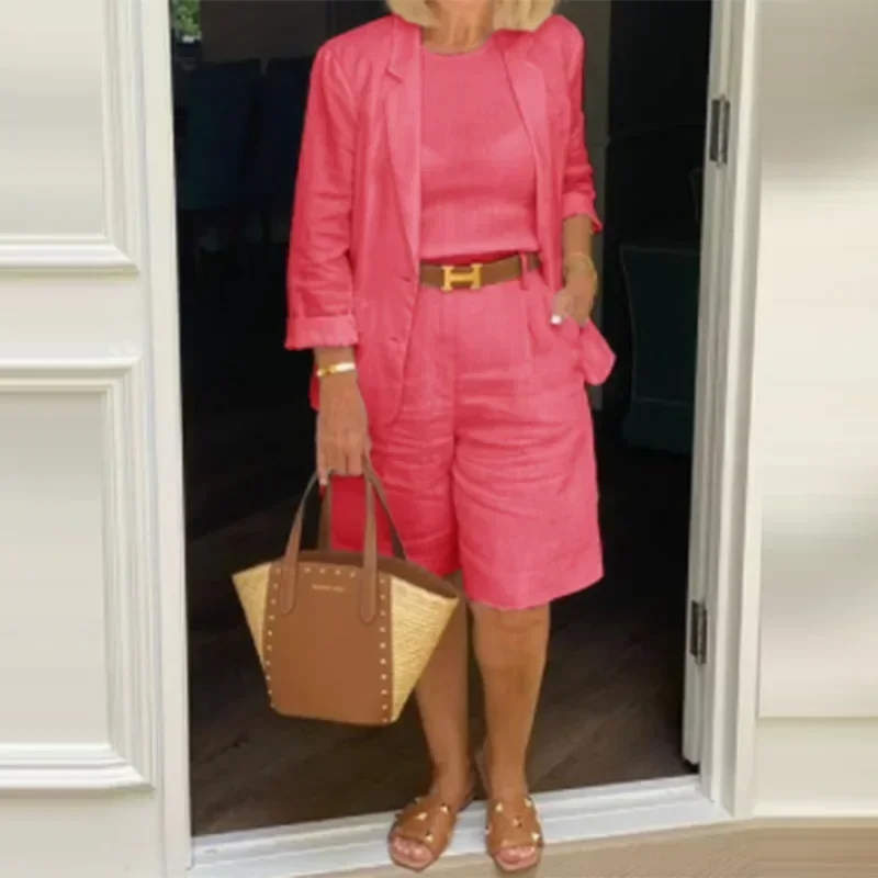 Autumn New Commute Suit Simple Two-piece Set Women Outfit Elegant Solid Long Sleeve Lapel Coat & High Waist Pants Short Sets