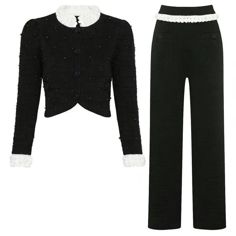 

High-End Knitted Casual Style Top And Bottoms Set Spring Autumn New Model Bead Embellished Comfortable Fashionable Women's Ou...