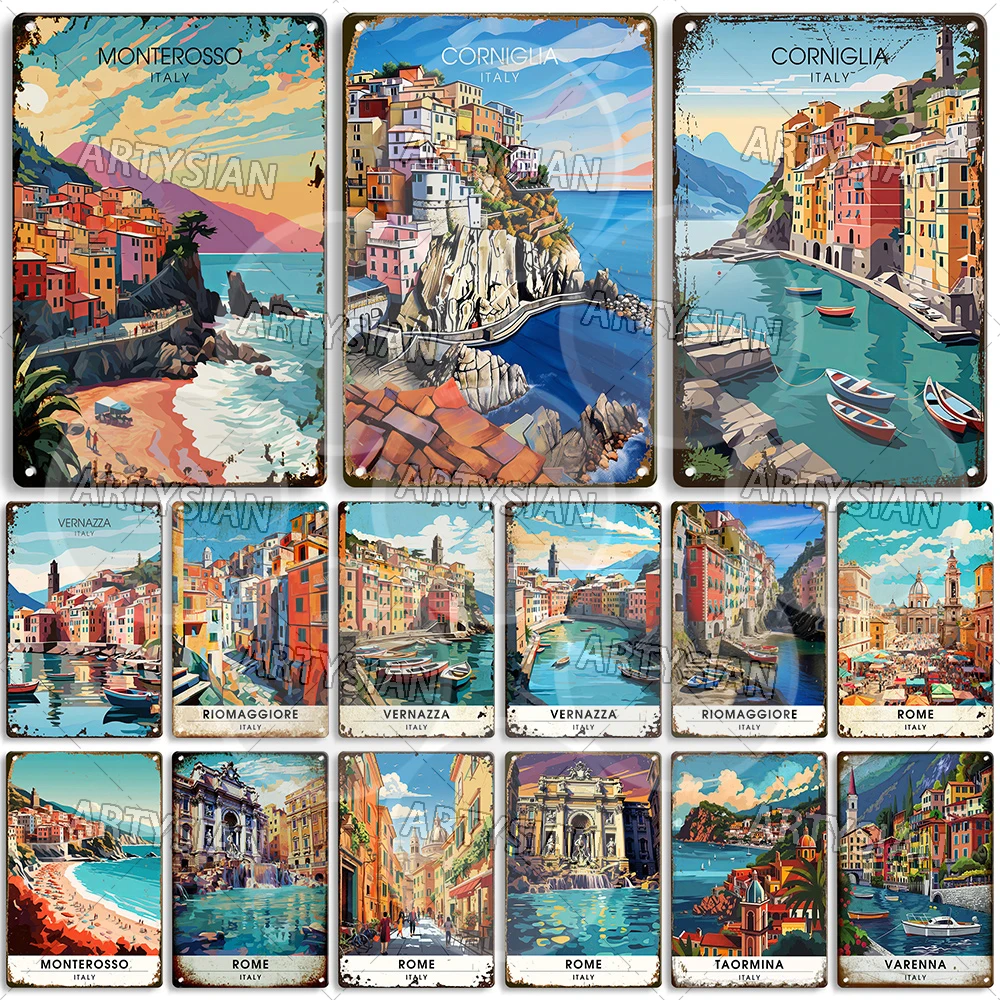 Italy Travel Cityscape Metal Sign Capri Corniglia Manarola Monterosso Riomaggiore Vernazza Rome Taormina Bellano Varenna