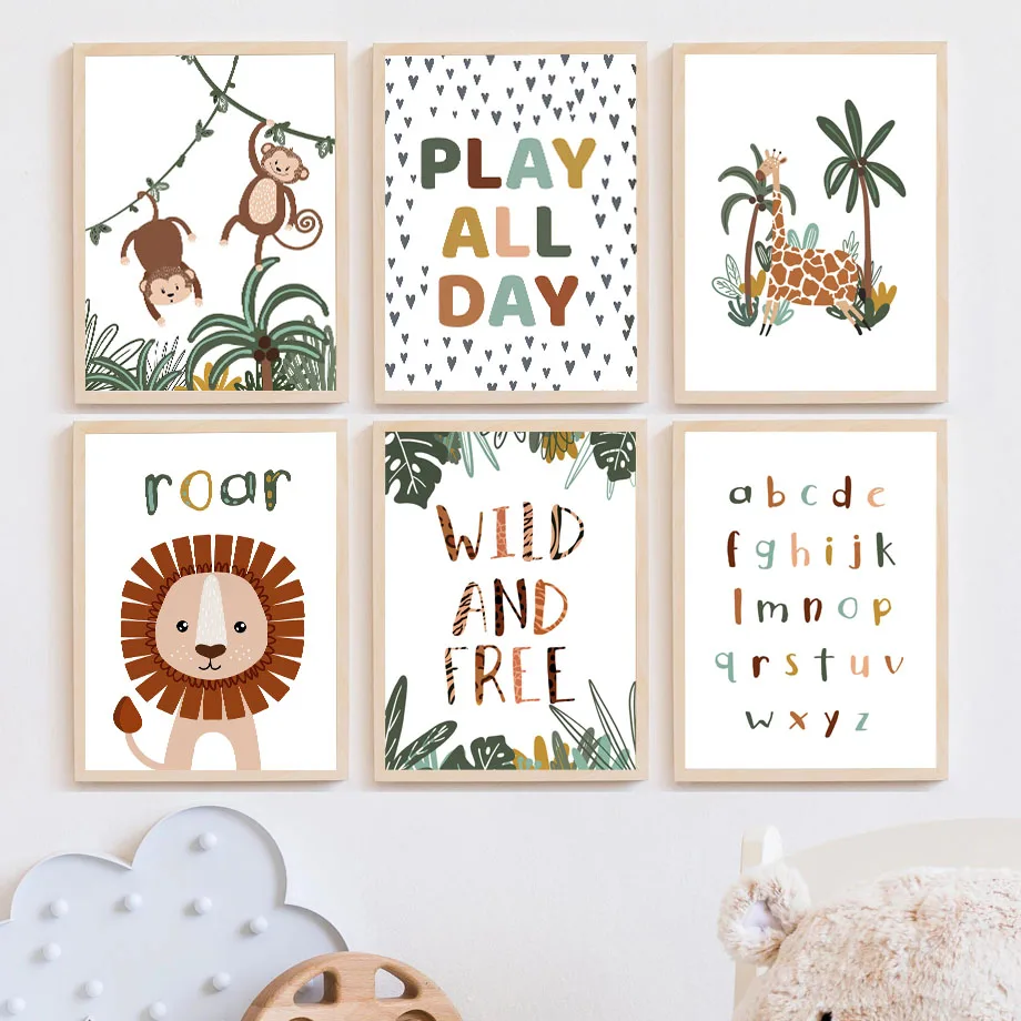 

Boho Lion Monkey Giraffe Alphabet Tropical Plant Cartoon Wall Art Children's Decor Baby Kids Room Posters Prints Canvas Painting
