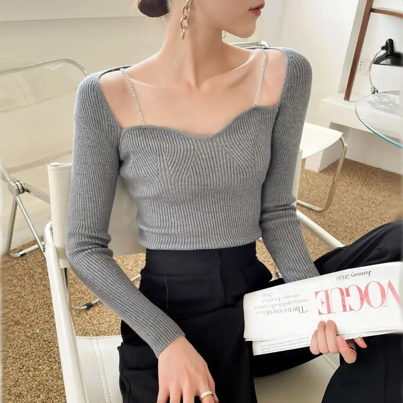 Black Sweater Women\'s Clothes Square Neck Fashion Vintage Lazy Wind  Winter Female Long Sleeve Knitting Pullover Tops  Slim