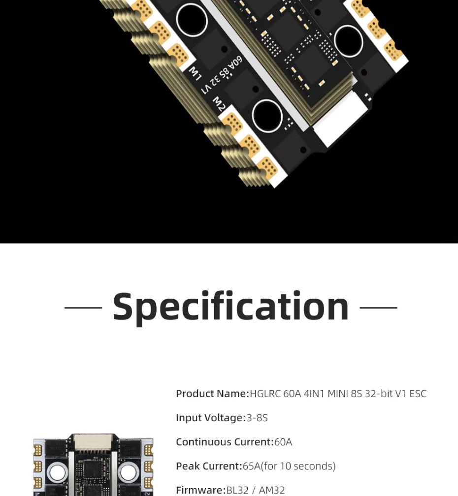 

HGLRC 4IN1 Mini ESC 60A 32Bit BLHeli32 AM32 3-8S Высокоточный DShot600 Oneshot PWM Бесколлекторный ESC для FPV, фристайла, гонок, радиоуправляемых моделей