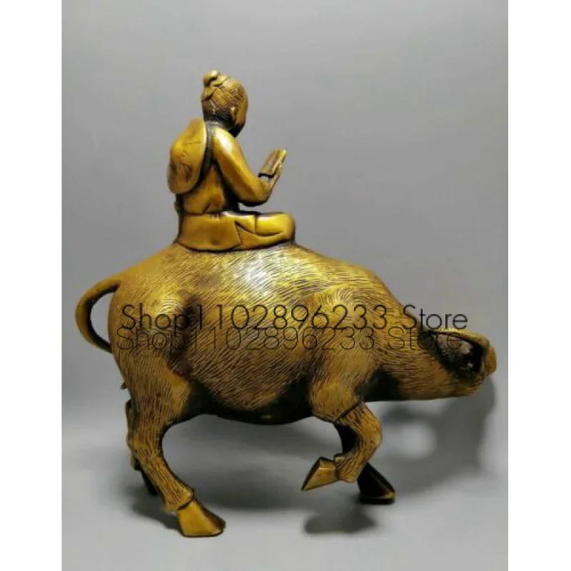 Brass Boy Riding Water Buffalo Reading Book Statue Feng Shui Zen Decor