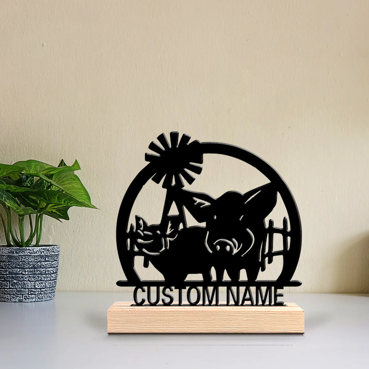 1pc farm pig Customizable Letter Metal Statue Metal Ornament Handicraft With Wood Base Iron Sculpture For Boys Gifts