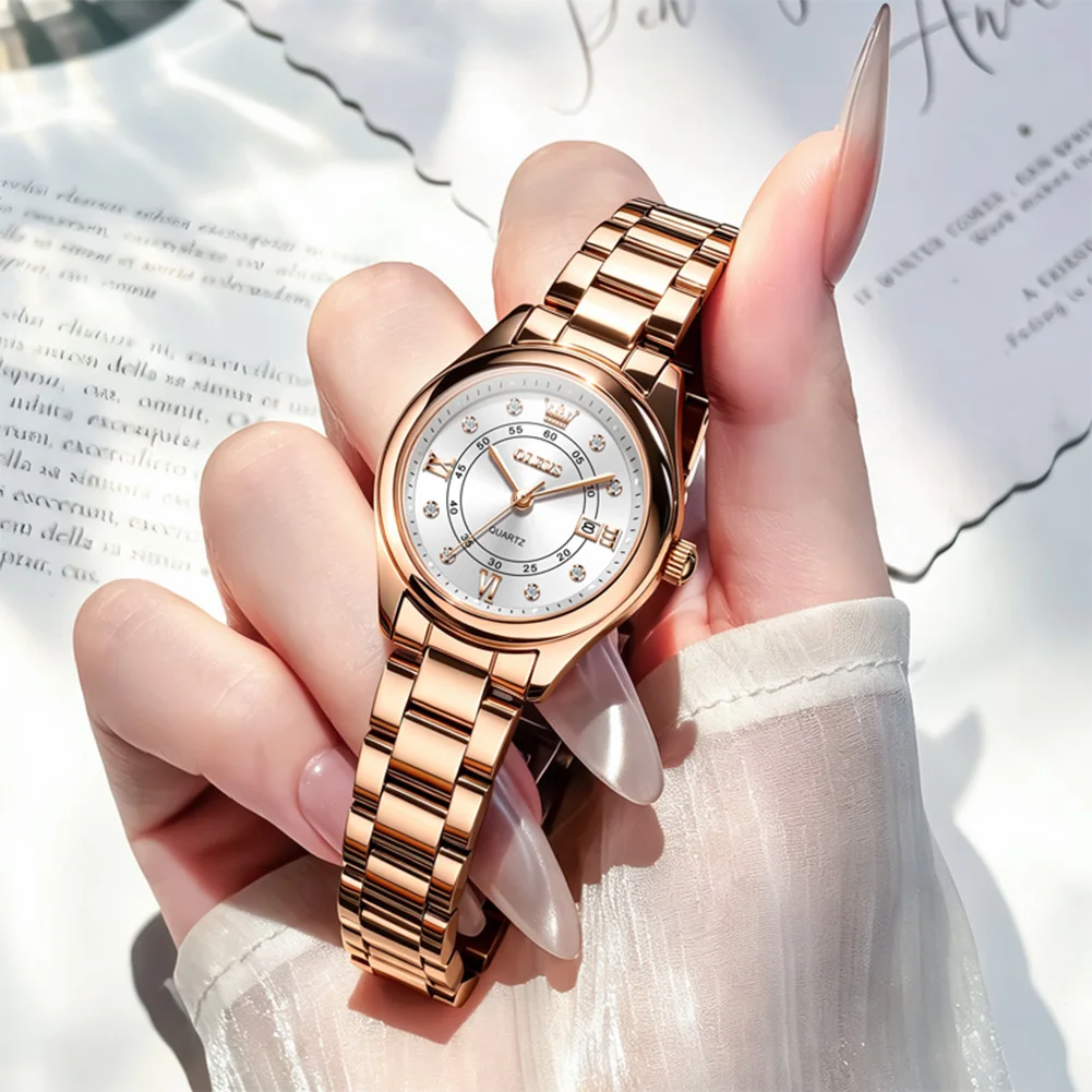 OLEVS Women Quartz Watch Rose Gold Stainless Steel Band Diamond Inlay Dial Calendar Ladies Wrist Watch Female Gift Clock