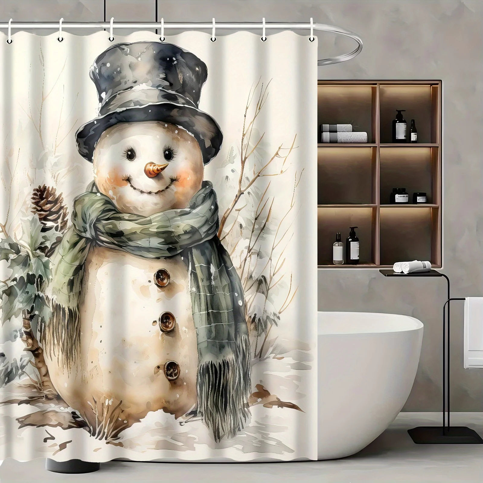 Christmas Snowman Waterproof Polyester Bath Divider with Seasonal Xmas Decor, Water-Resistant Fantasy Themed Woven Bath
