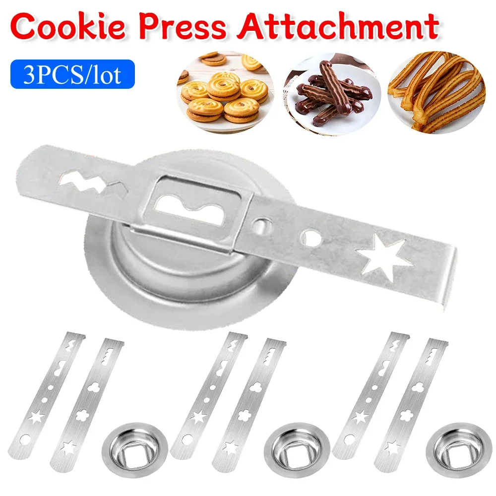 3pcs Cookie Press Attachment Stainless Steel with Connection Ring Cookie Maker Biscuit Attachment for Size 5 Meat Grinder