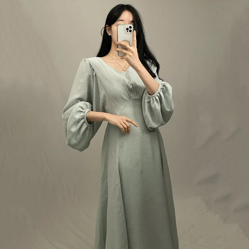 Ele Early Autumn Slimming V-Ne Belted Waist Over-Knee Long Pure Color Lantern Sve Dr Chic Commute High Waist A-Li...