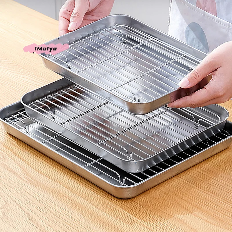 

Stainless Steel Baking Pan with Removable Wire Rack Cake BBQ Oven Cooking Grilling Tray Cooling Rack Kitchen Baking Tool