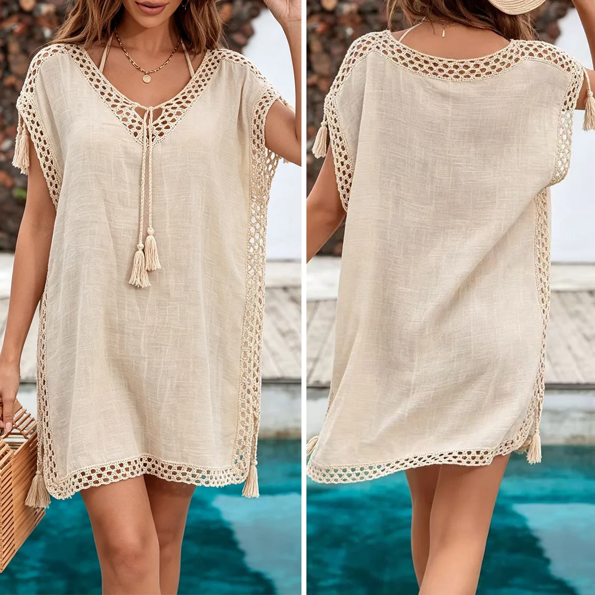 Fashion Summer Beach Vacation Bikini Cover-Up Hand Hook Patchwork Fabric Hollow Tassel Sexy Vacation Beach Sunscreen Swimsuit
