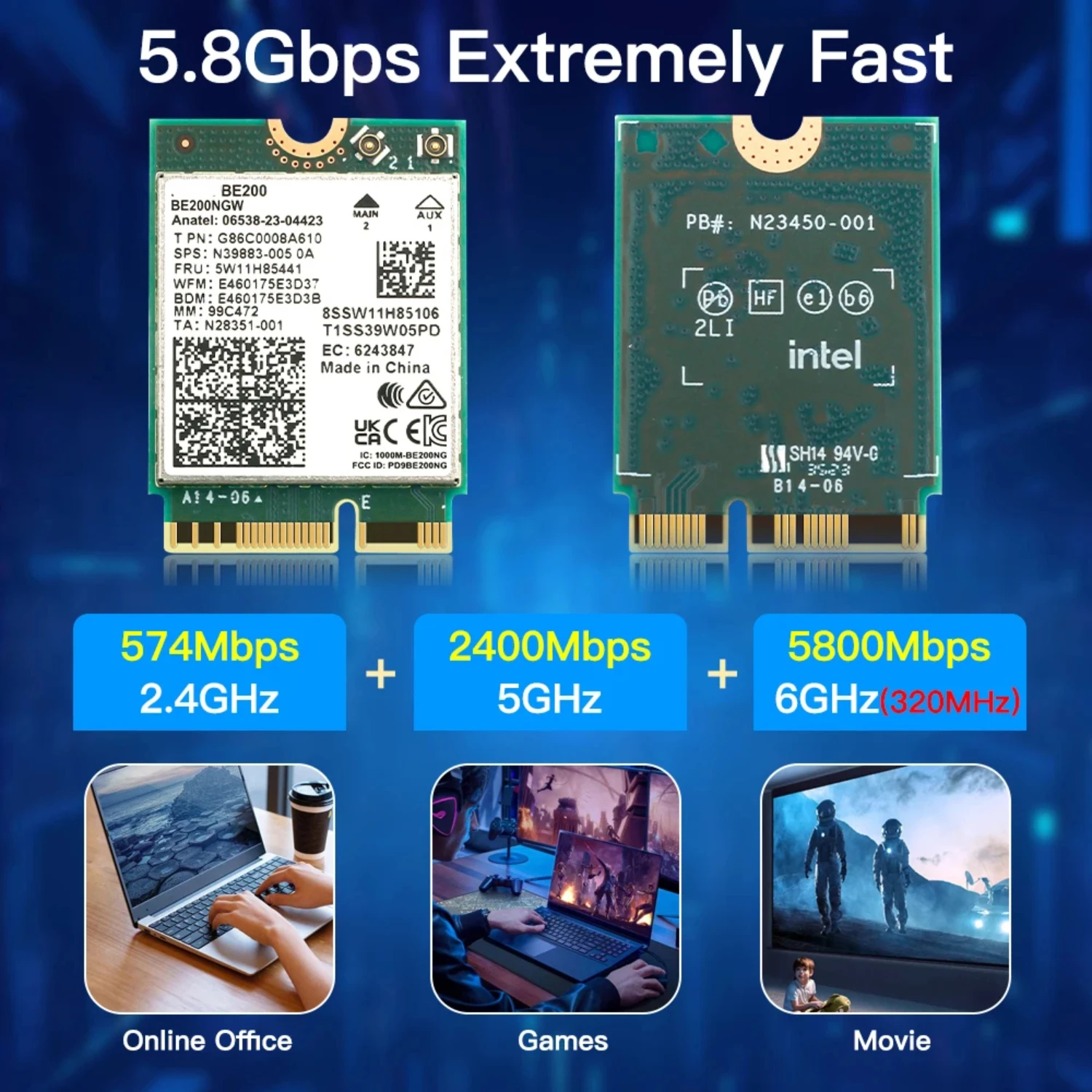 

WiFi 7 для карты BE200 M.2 Bluetooth 5,4 BE200NGW 2,4/5/6 ГГц Беспроводной адаптер Сетевая карта с антеннами лучше, чем AX210