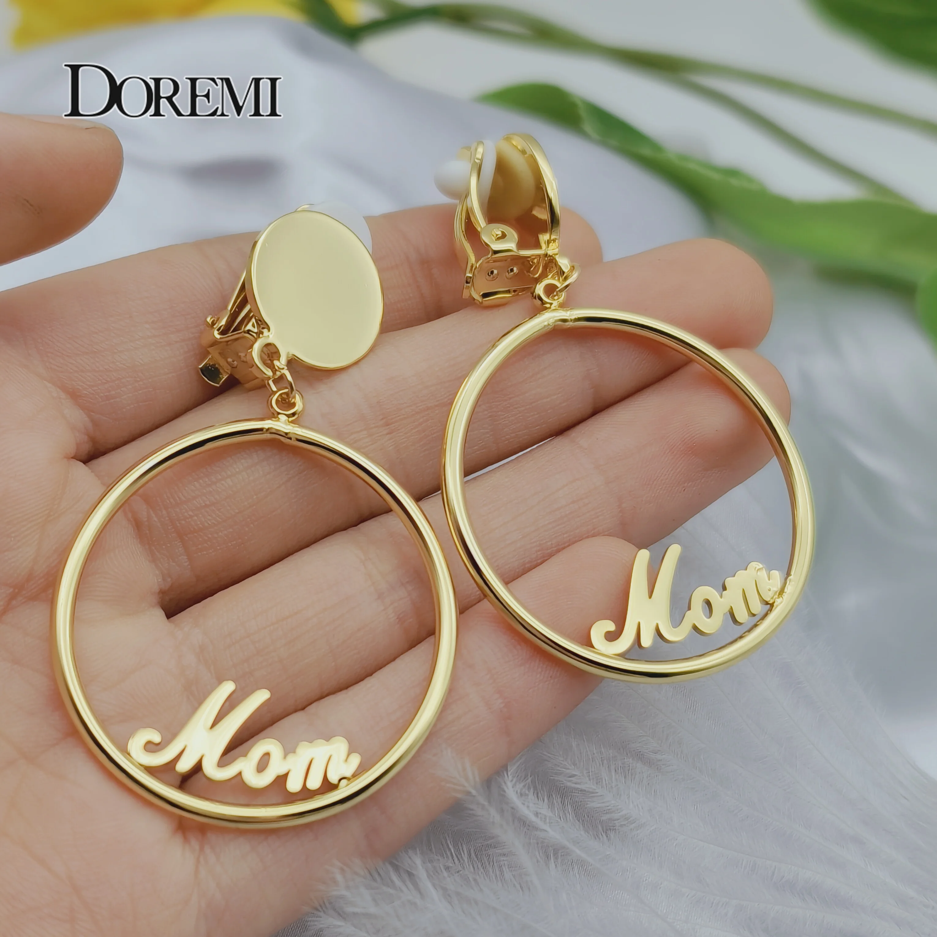 DOREMI Stainless Ear Clip Name Earrings Custom Hoops for no pierced ears Letter Big Personalized Bottom Name Earrings Women Gift