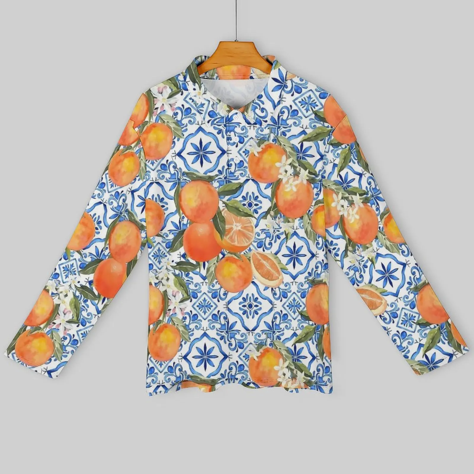 Fruit Print Casual Polo Shirts Oranges on Blue and White Tiles T-Shirts Long Sleeve Shirt Autumn Street Style Oversize Clothes