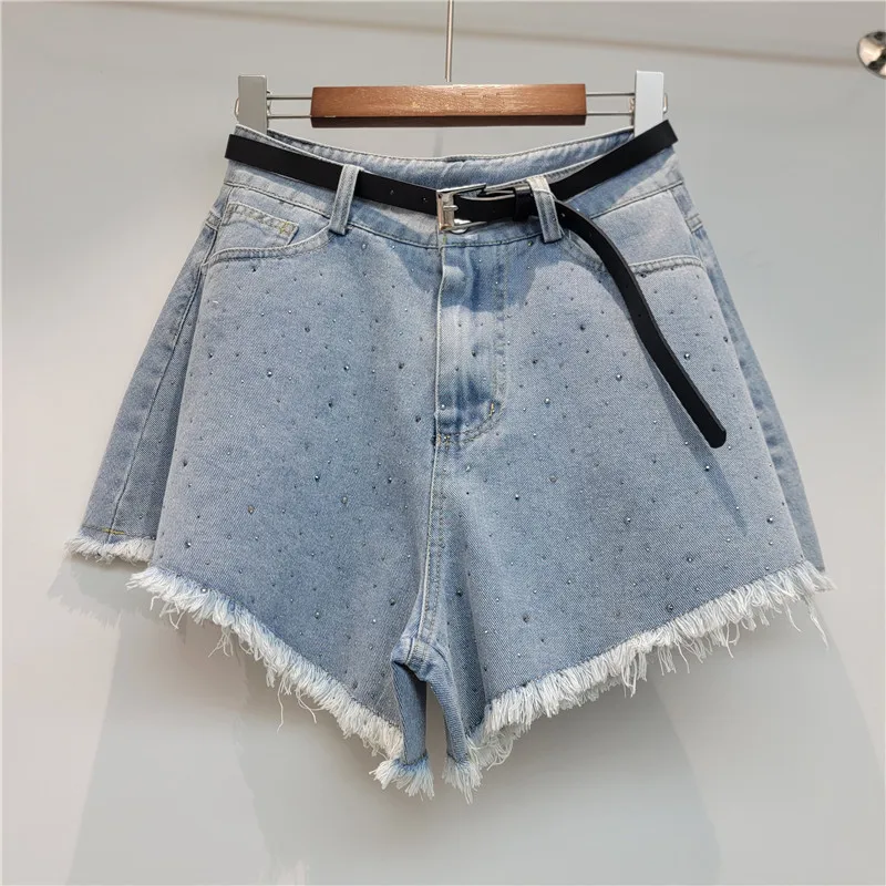 New Spring Summer Hot Diamonds Women Short Jeans All-match High Waist Spice Girls Tassel A-line Wide Leg Denim Shorts Blue
