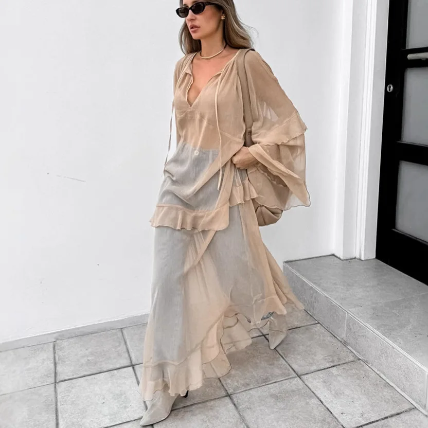 

Women Chiffon Dress 2025 Spring Summer New Women's Khaki Dress Ruffled Hem Sun Protection Cover Up Stylish Long Maxi Dress