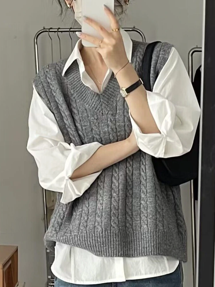 Sweater Vest Women Harajuku Casual Spring New Screw Thread Fashion Korean Style Female Vintage Literary Temperament All-match