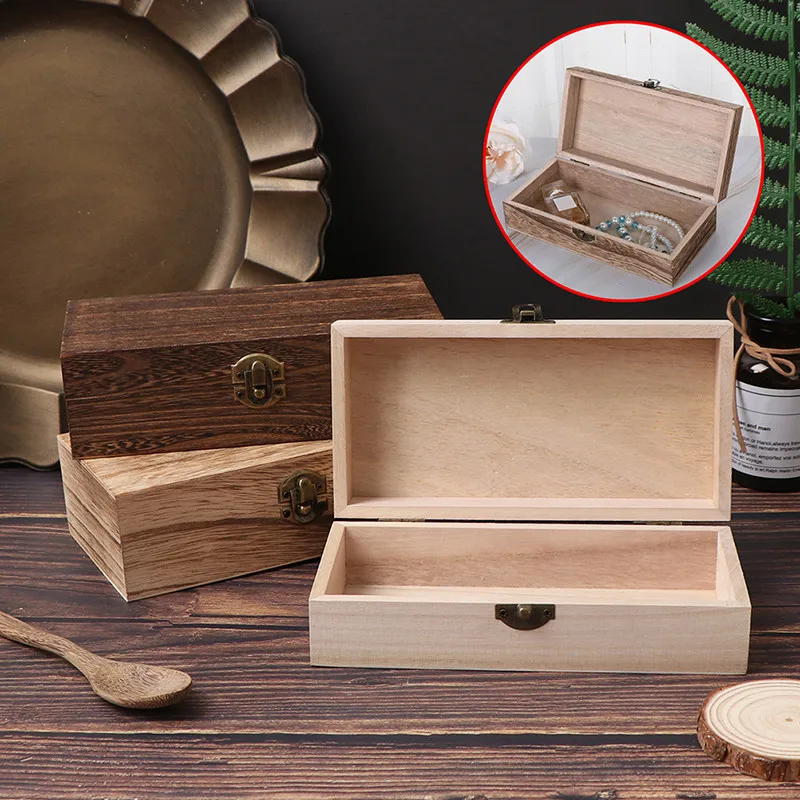 Retro Wooden Storage Box Plain Wood With Lid Multifunction Hinged Boxes Gift Packing Jewelry Case Box Home Sundries Storage Box