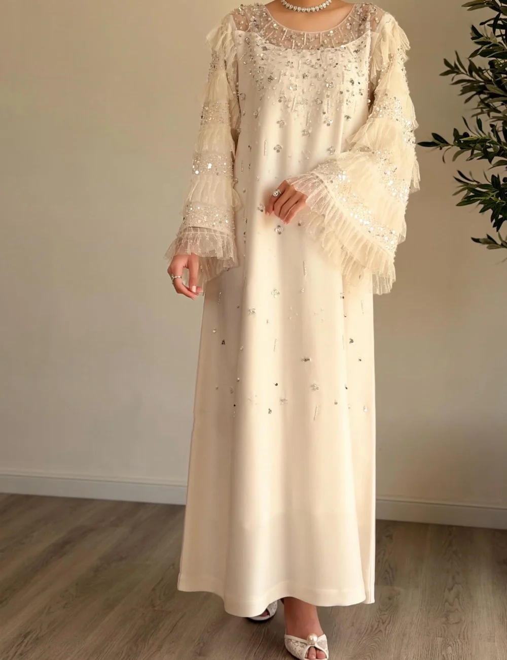 

Customized Exquisite Jersey Pleat Sequined A-line O-Neck Midi Bespoke Occasion Evening Dresses High Quality