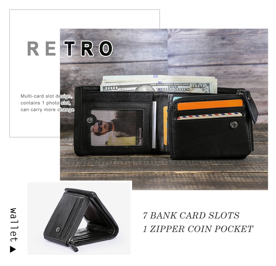 CONTACT'S Echtes Leder Männer Brieftasche Vintage Trifold Haspe Brieftasche Reißverschluss Geldbörse Kartenhalter Geld Clip männer Brieftaschen – Detail 14
