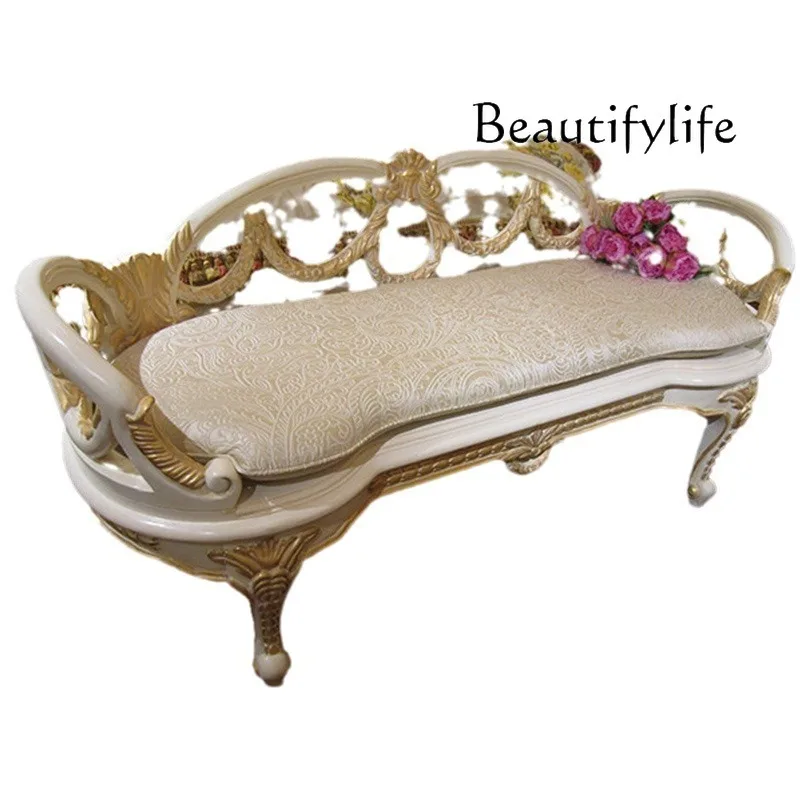 

European luxury solid wood hand-carved fabric shoe change stool bedside stool bedroom double sofa high sense