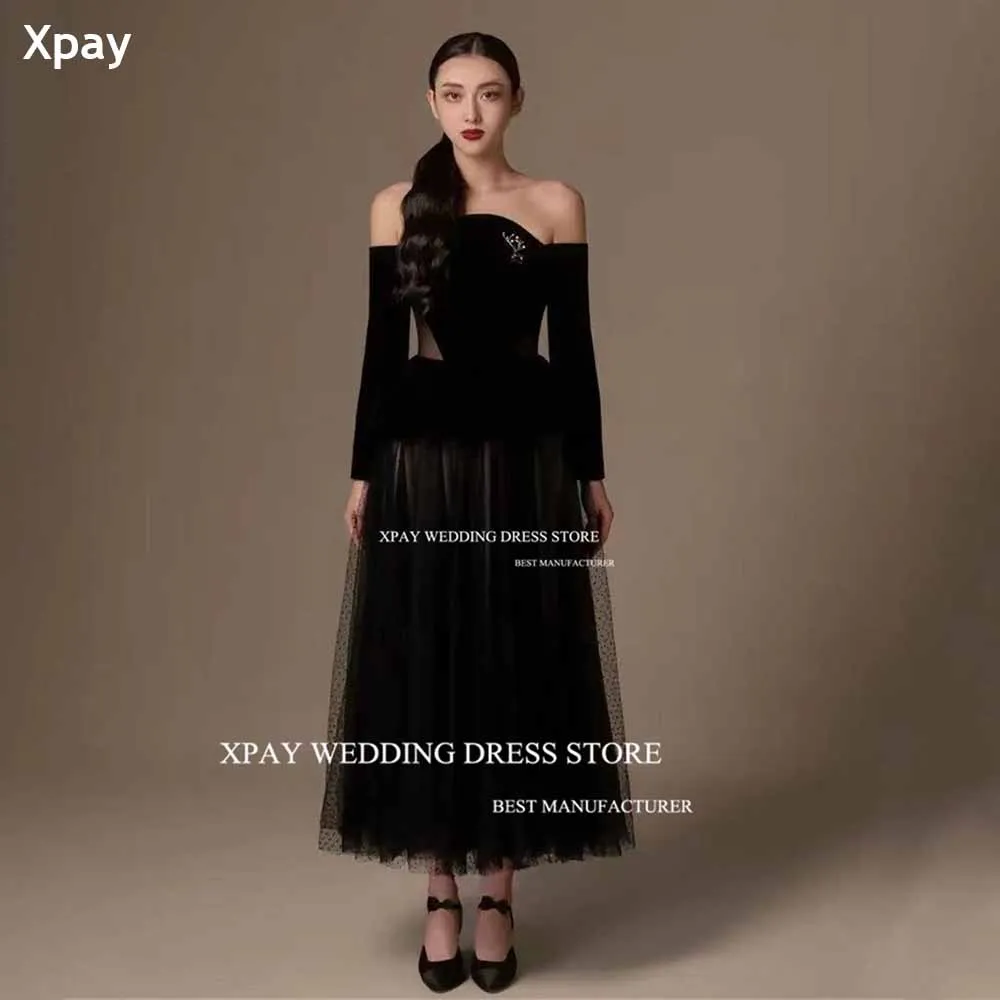 

XPAY Black A Line Velvet Dotted Tulle Evening Party Dresses Off the Shoulder Long Sleeves Ankle Length Prom Gowns Event