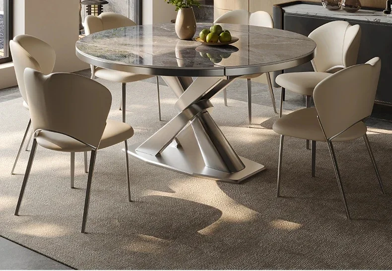 A  Stone Plate Dining Table Retractable Folding Household Small Apartment Italian Minimalist Gray Steel High-End Dining Table