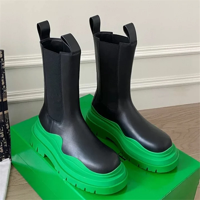 Kobiety w połowie buty ze skórki cielęcej gruba podeszwa platforma buty dla kochanków mężczyzn jesienny rycerz Chelsea Boots wsuwane skórzane Botas