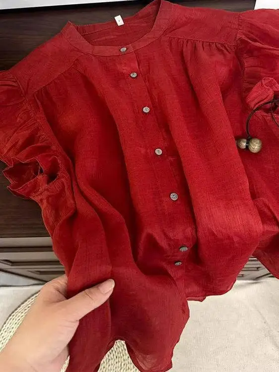 

Extra Large 300 Pou Red irt Men Women Summer Thin Flng Sve Oversized Loose Fit round Ne Button down Slimming Blouse