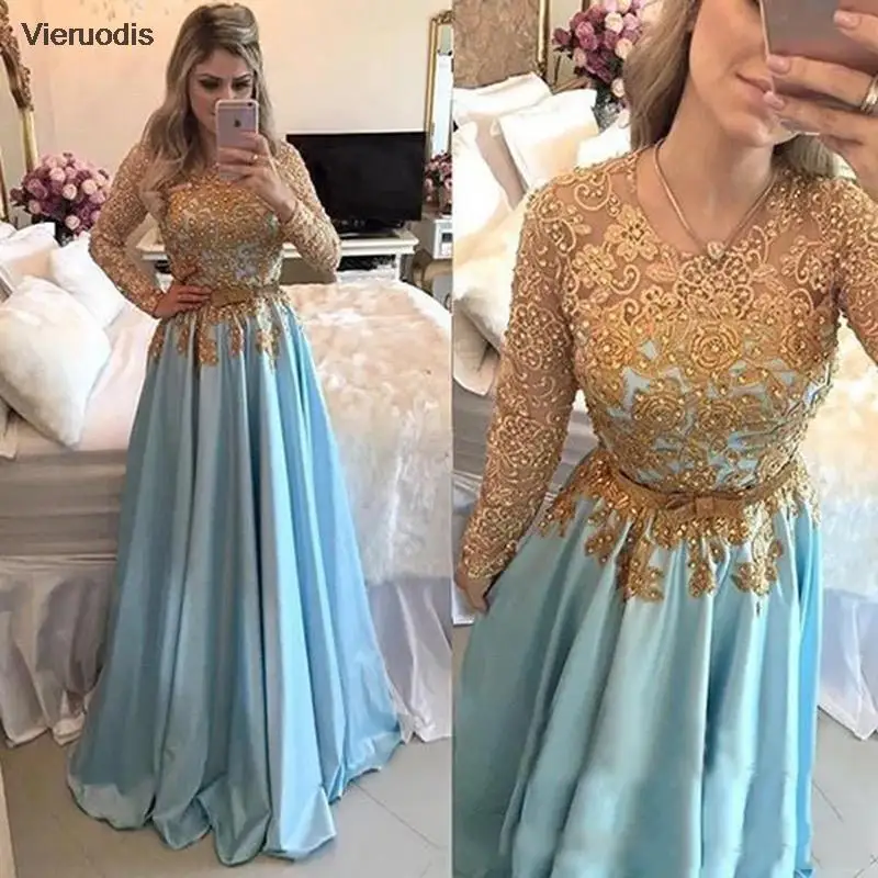 Gold Lace Evening Dresses 2022 Long Sleeve O-Neck A-Line Appliques Satin Elegant Party Prom Gown Floor Length Vestido De Noche
