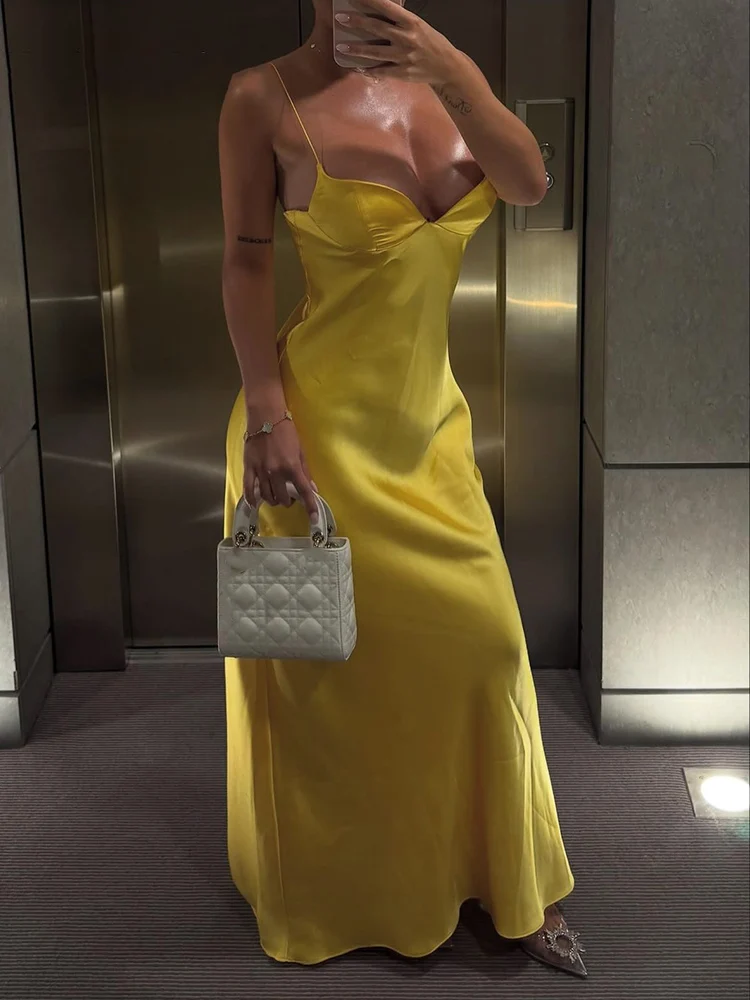 

TRAFZA 2025 женское красное праздничное стильное длинное платье на молнии сзади с атласной текстурой без рукавов летние женские модные платья на бретельках с v-образным вырезом