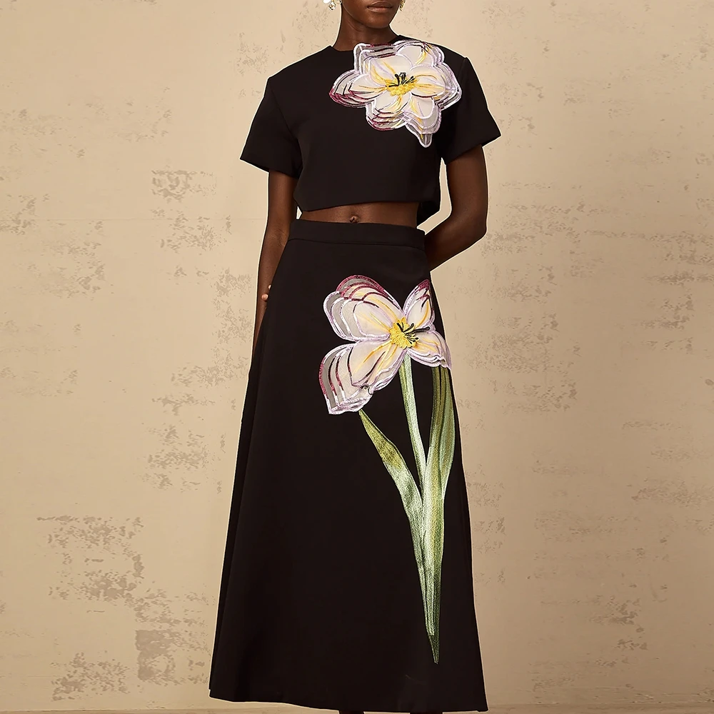 

VGH Spliced Appliques Two Piece Set for Women O Neck Short Sleeve Top High Waist A Line Temperament Skirt Outfits Female Fashion